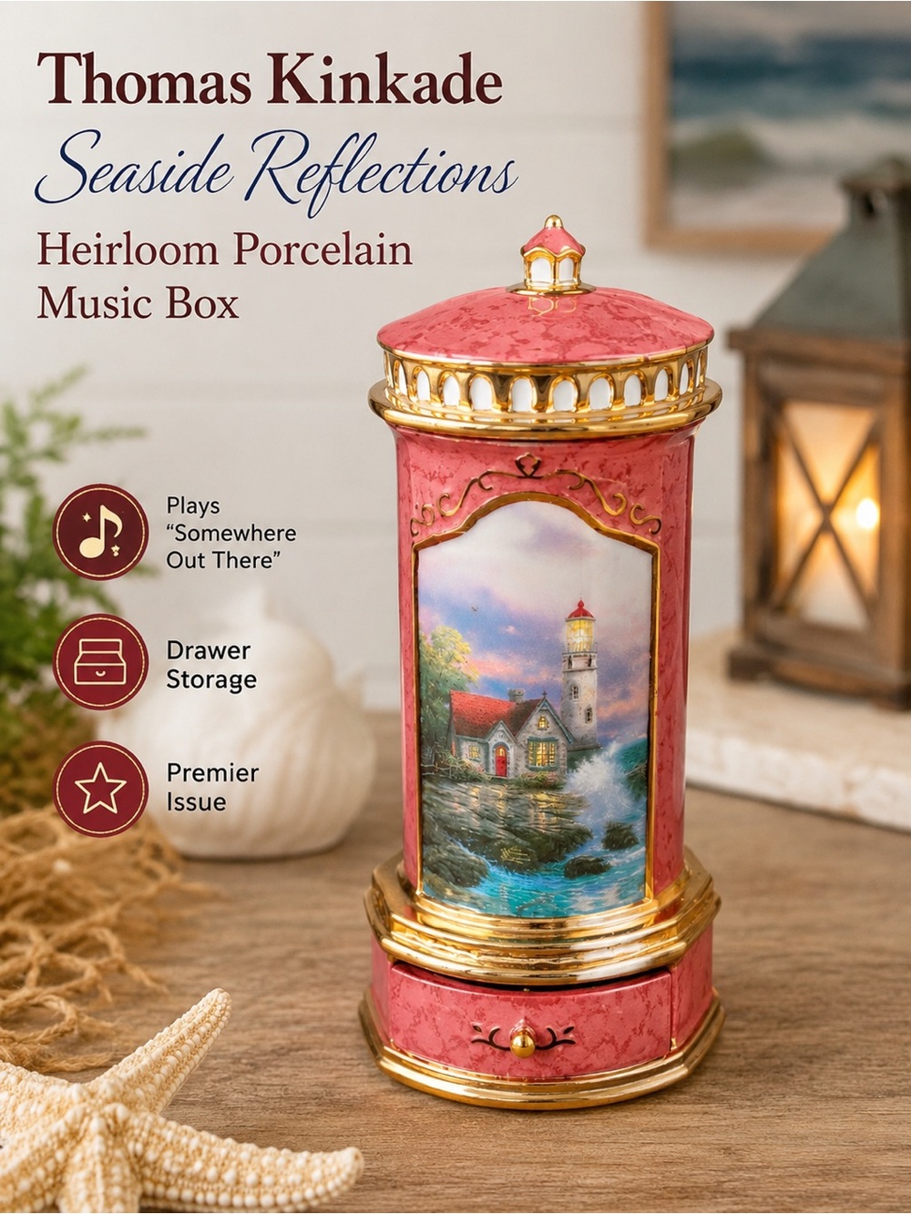 Thomas Kinkade Seaside Reflections Heirloom Porcelain Lighthouse Music Box